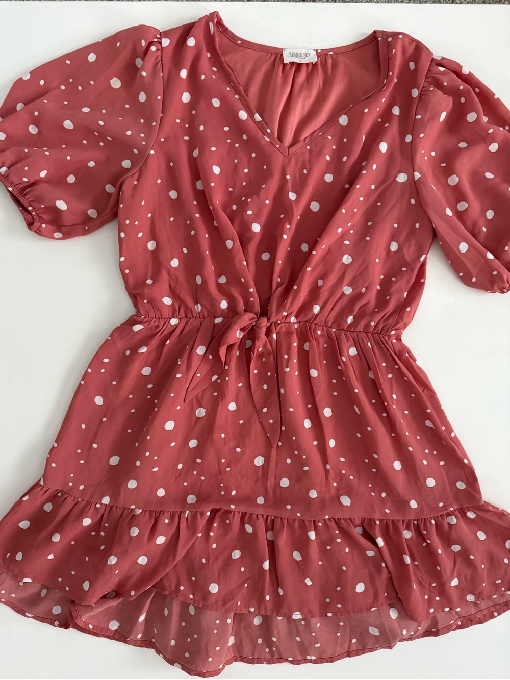 Sienna Sky Deep Blush & White Polka Dot Tie Waist Mini Dress / Puff Sleeve / - Picture 5 of 7